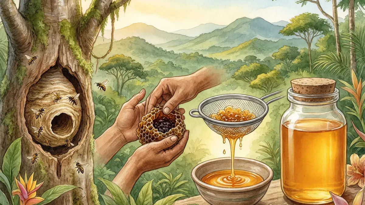 Ilustración de dos manos extrayendo un panal redondo de miel oscura del hueco de un árbol, junto a un colador con miel escurriendo hacia un frasco, con montañas al fondo.