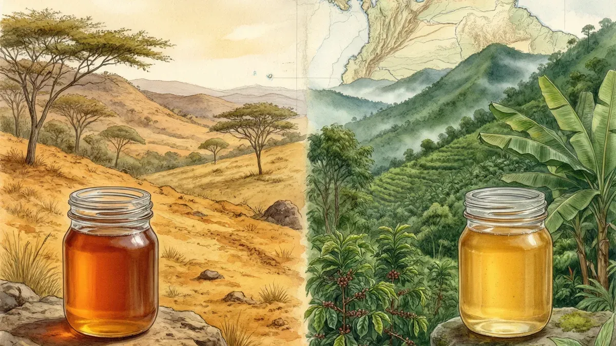 Ilustración dividida: a la izquierda lomas erosionadas secas con un frasco de miel oscura; a la derecha una loma verde con cafetales y un frasco de miel clara.