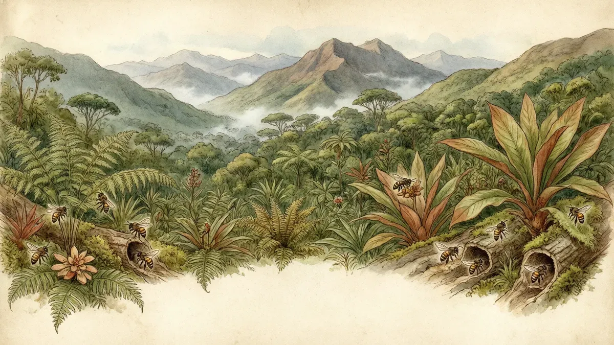 Ilustración de un paisaje de montañas selváticas con niebla en los valles, helechos y bromelias en primer plano, y abejas sin aguijón visitando una planta de brácteas rojas.