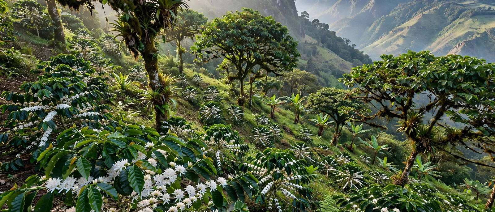 Fila de cafetales en floración bajo sombra de árboles, en el corredor Ambalá.