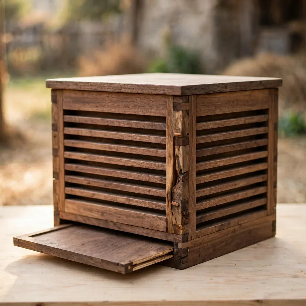 Caja AF grande de madera de nogal cafetero con piso móvil, para abejas sin aguijón.