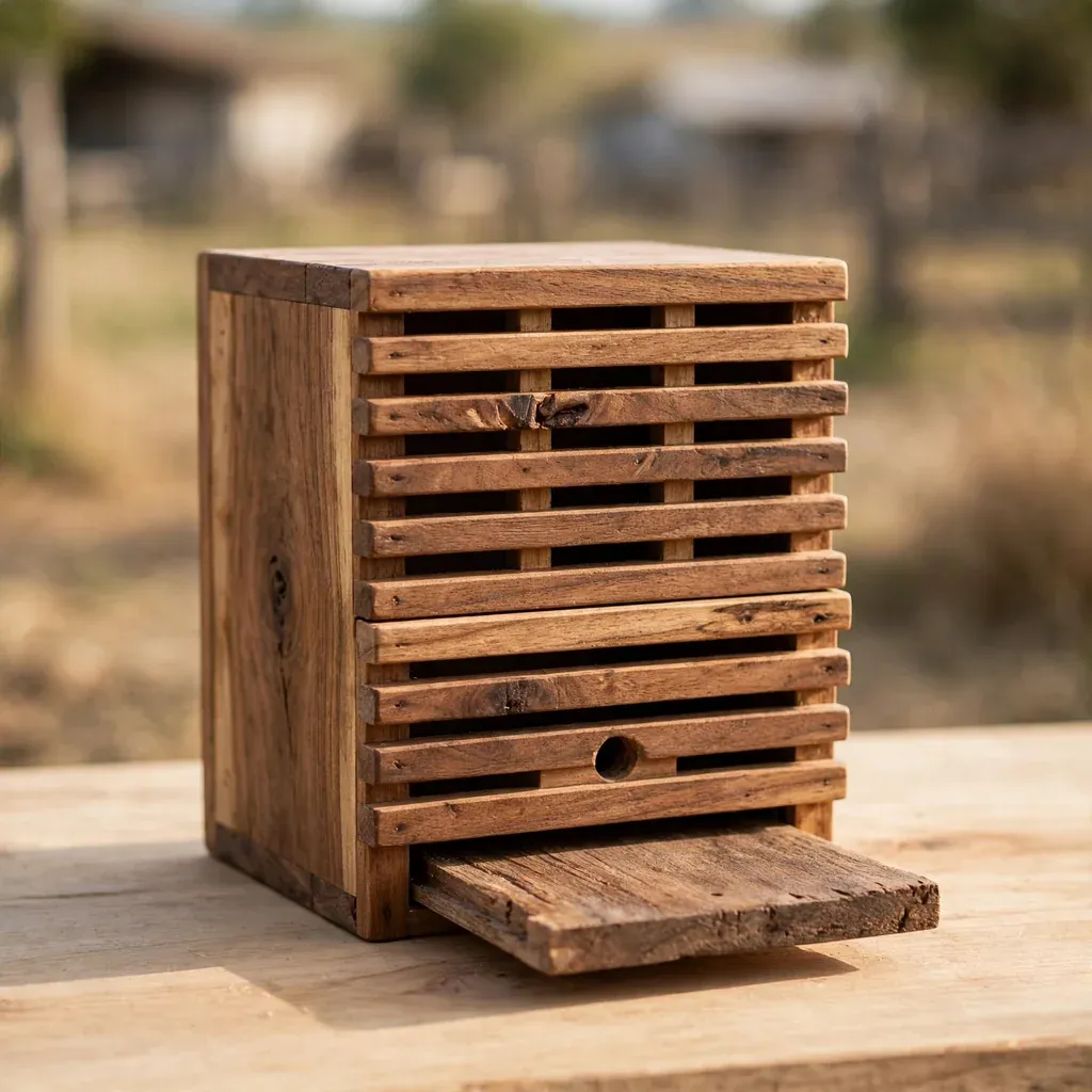 Caja AF pequeña de madera de nogal cafetero con piso móvil, para abejas sin aguijón.