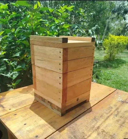 Fotografía real de la caja INPA en madera clara: cuatro módulos apilables encastrados en los listones de esquina, sobre una base de tablas, con la tapa de borde saliente y dos tacos oscuros en las esquinas superiores, apoyada en una mesa de madera con vegetación de fondo.