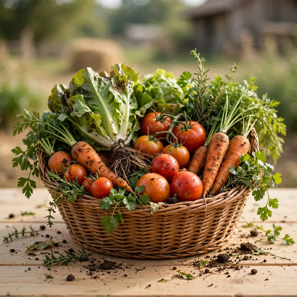 Canasta de mimbre con hortalizas agroecológicas recién cosechadas: lechuga, tomate, zanahoria y hierbas.