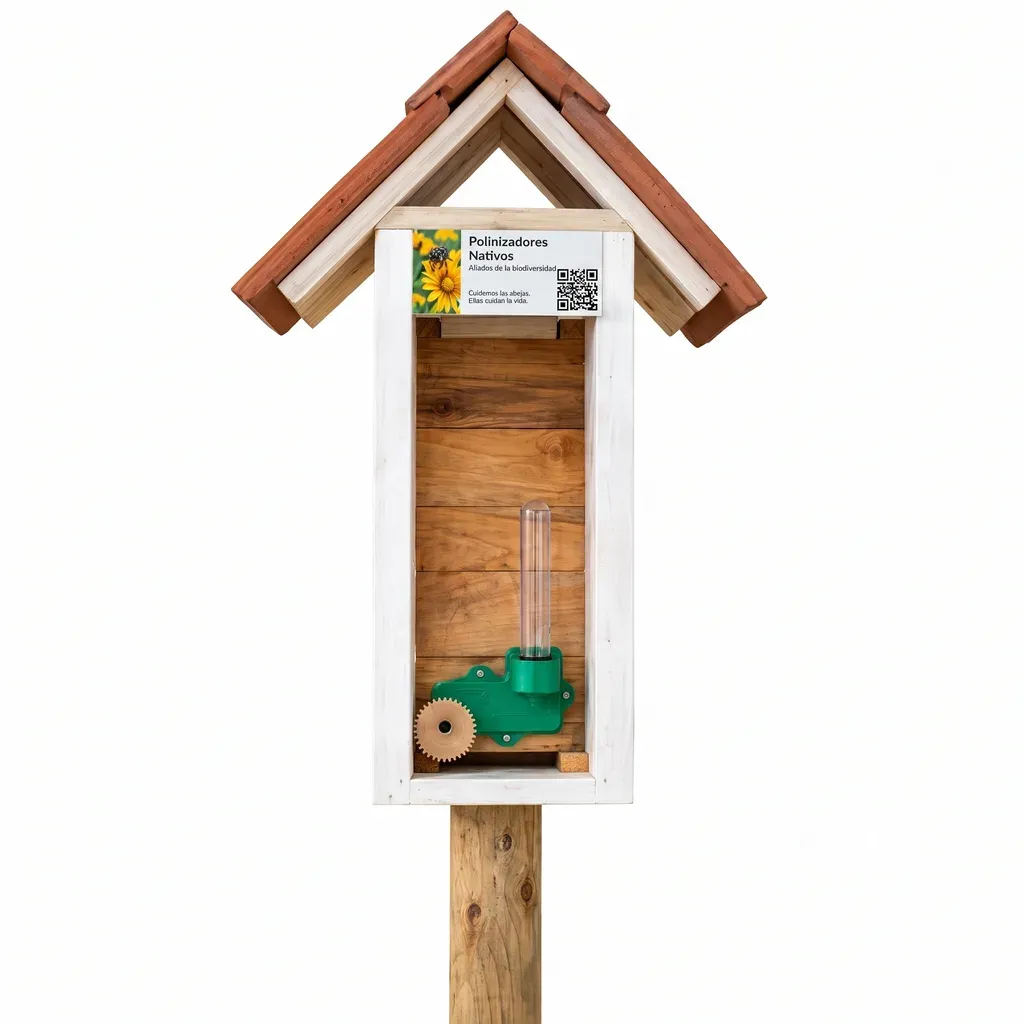 Casa techada de madera con cubierta de tejas montada sobre un poste: dentro se ve la caja meliponera con su placa de identificación y el alimentador.