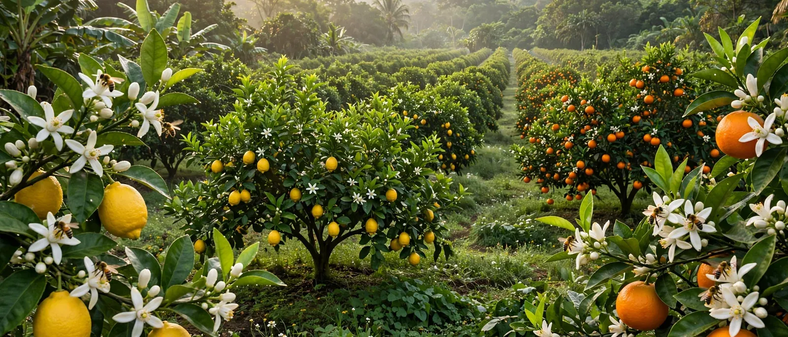 Cítricos en flor y fruto en un huerto tropical, aroma y abejas.