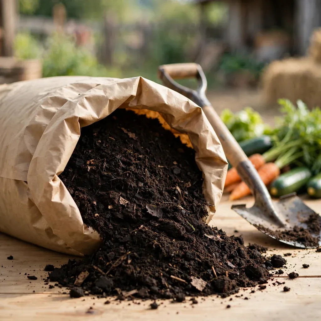 Bulto de 40 kg de compost madurado, con la tierra oscura rica saliendo parcialmente.