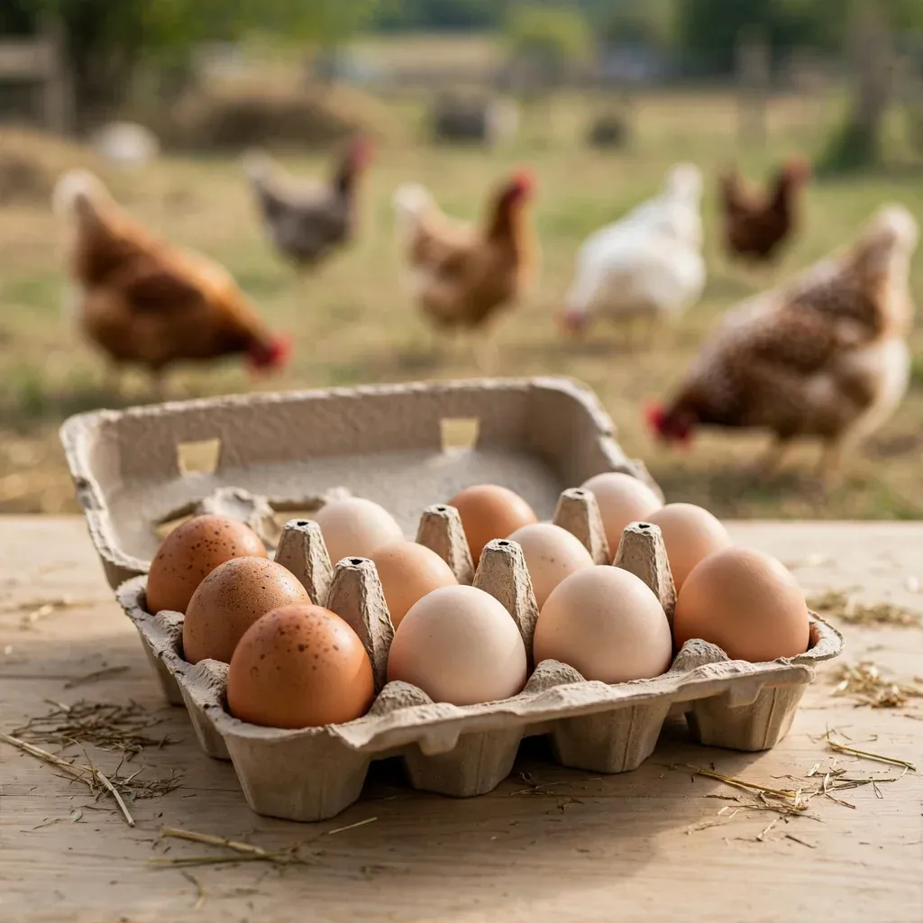 Cartón de huevo reutilizable con doce huevos de gallinas en pastoreo, sobre mesa de madera.