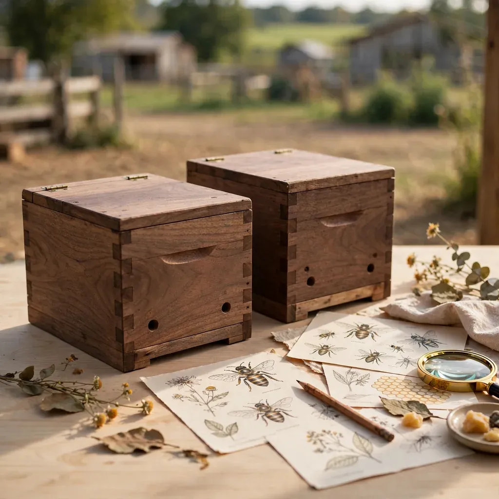 Dos cajas de madera para meliponas con material didáctico, pensado para un proyecto ambiental escolar.
