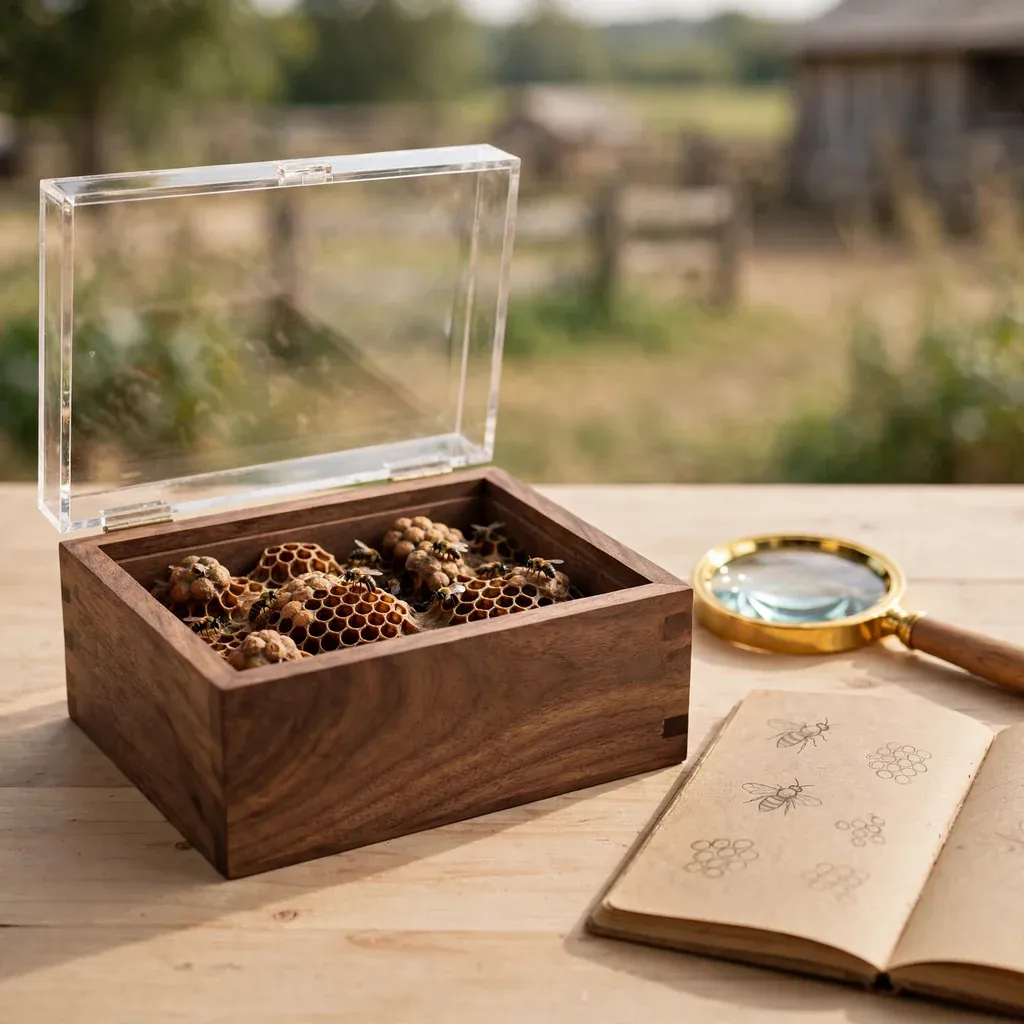 Caja de madera para meliponas con tapa acrílica transparente, junto a una lupa y un cuaderno de campo.