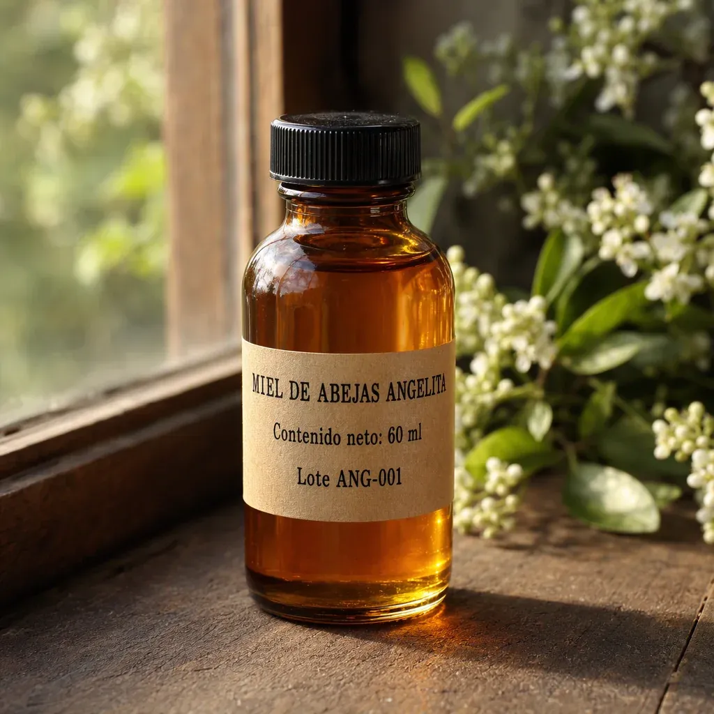 Botella ámbar pequeña de 60 ml con etiqueta de papel kraft: Miel de Abejas Angelita, contenido neto 60 ml, lote ANG-001.