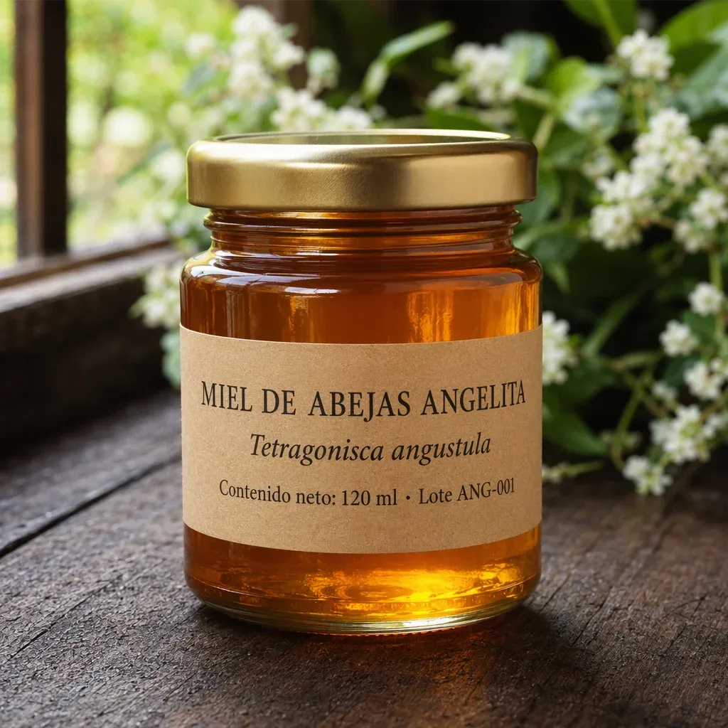 Frasco ámbar de 120 ml con tapa dorada y etiqueta de papel kraft: Miel de Abejas Angelita, Tetragonisca angustula, lote ANG-001.