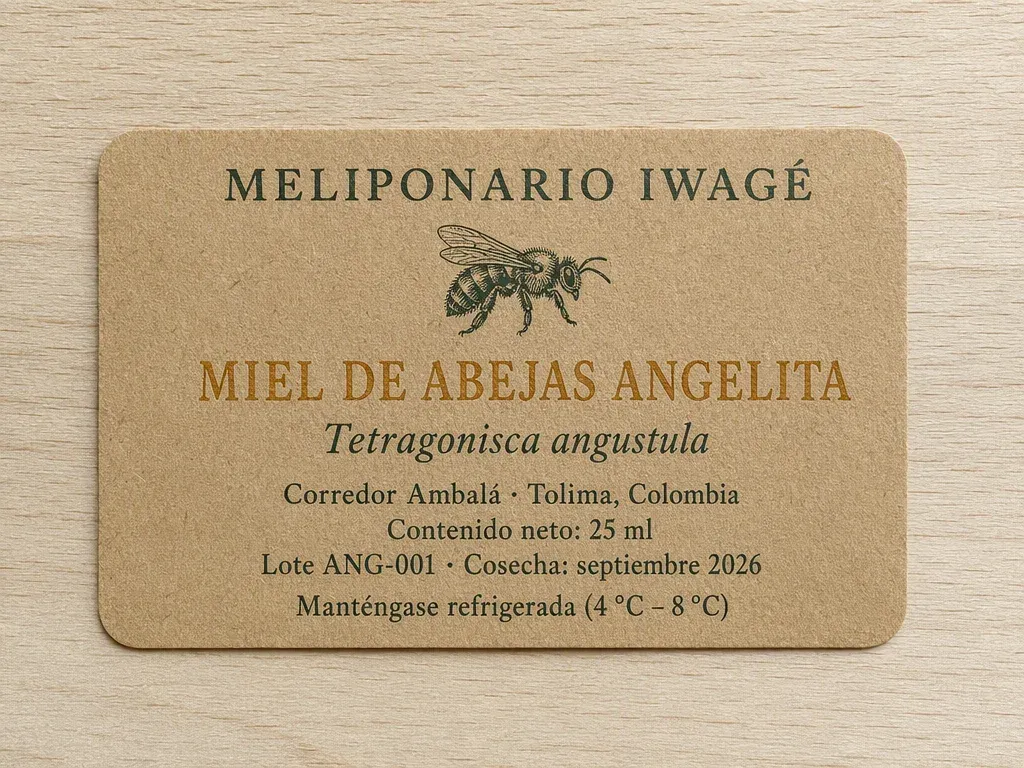Etiqueta de papel kraft: Miel de Abejas Angelita, Tetragonisca angustula, Corredor Ambalá, Tolima; contenido neto 25 ml, lote ANG-001, cosecha septiembre 2026, manténgase refrigerada entre 4 y 8 grados.