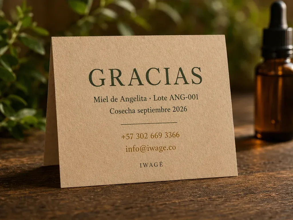 Tarjeta que acompaña el pedido: lote ANG-001, cosecha septiembre 2026 y contacto de Iwagé.