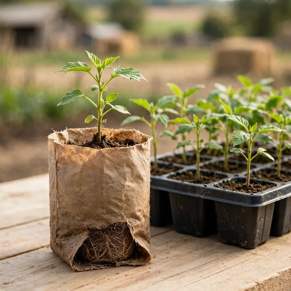 Bolsa biodegradable con una plántula de especie nativa melífera recién propagada en el vivero.