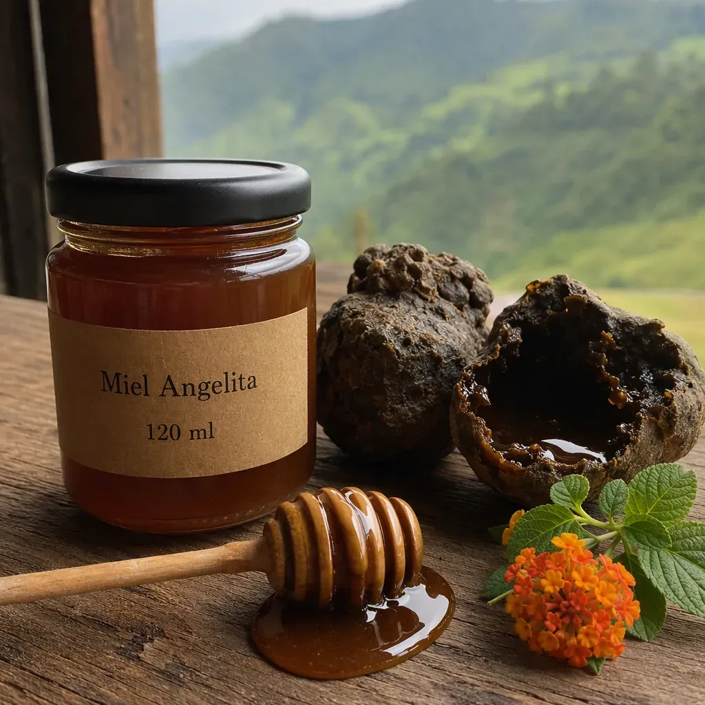 Fotografía de producto de un frasco de vidrio de 120 ml con miel oscura de abejas sin aguijón y etiqueta de papel kraft que dice «Miel Angelita 120 ml»; al lado, dos ánforas irregulares de cerumen con miel y un remojador de madera cubierto de miel, sobre una mesa rústica junto a la ventana.