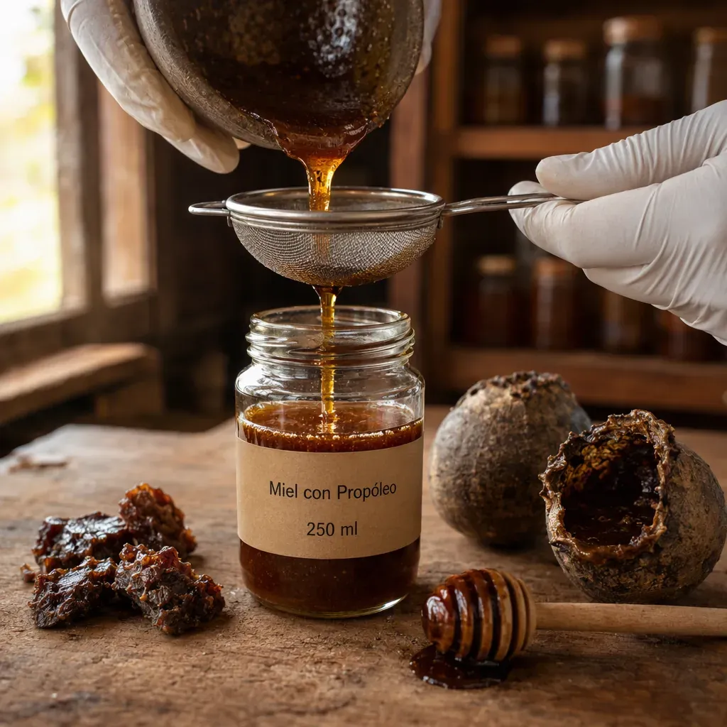 Fotografía de producto: manos enguantadas cuelan miel oscura de abejas sin aguijón a través de un colador pequeño hacia un frasco de vidrio de 250 ml con etiqueta de papel kraft que dice «Miel con Propóleo 250 ml»; alrededor del frasco hay trozos de propóleo crudo, un ánfora de cerumen y un remojador de madera cubierto de miel.