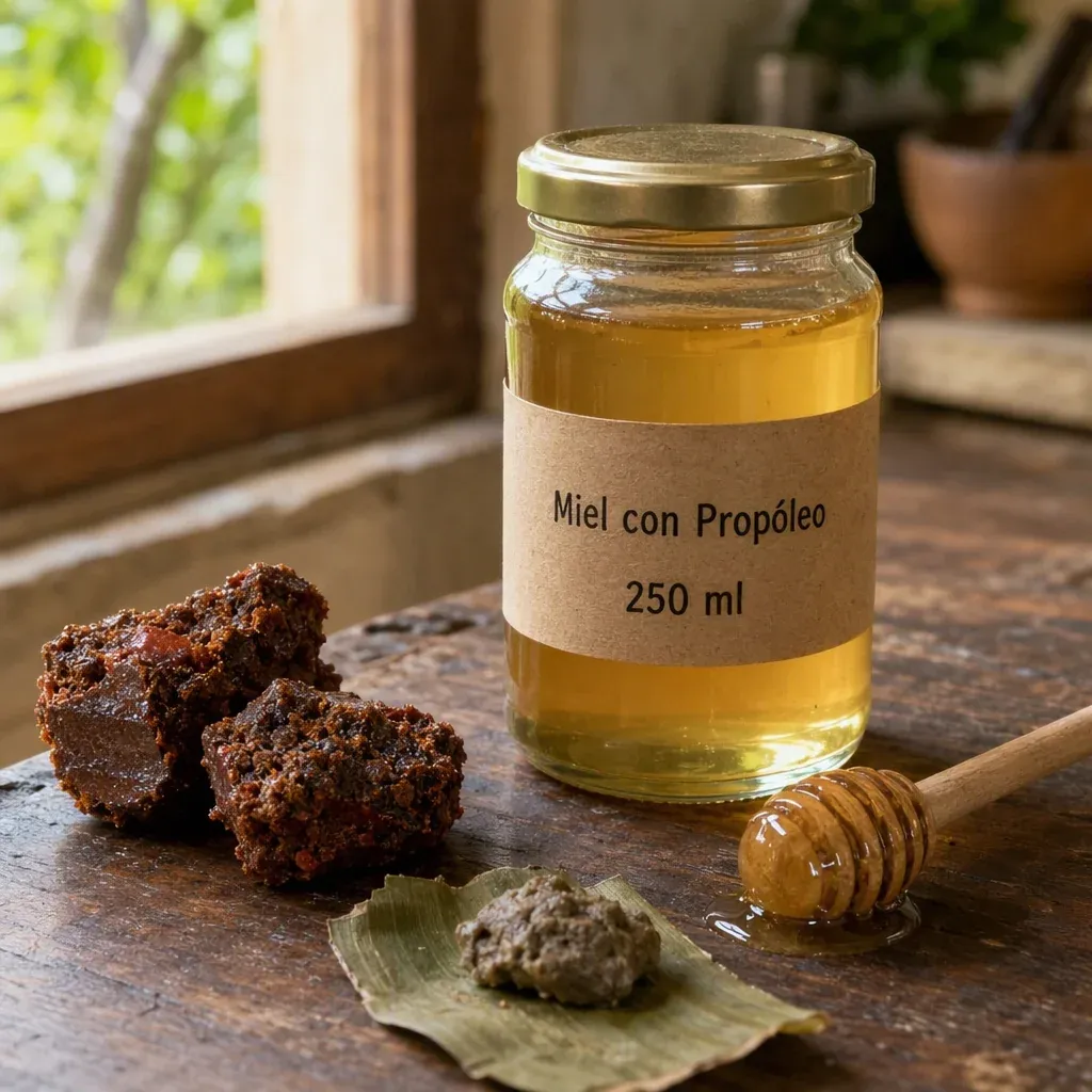 Fotografía de producto: frasco de vidrio de 250 ml con miel dorada y fluida de abejas sin aguijón y etiqueta de papel kraft que dice «Miel con Propóleo 250 ml»; alrededor, dos trozos irregulares de propóleo crudo, un bollón de cerumen sobre una hoja de plátano y un remojador de madera cubierto de miel, sobre mesa de madera rústica junto a la ventana.