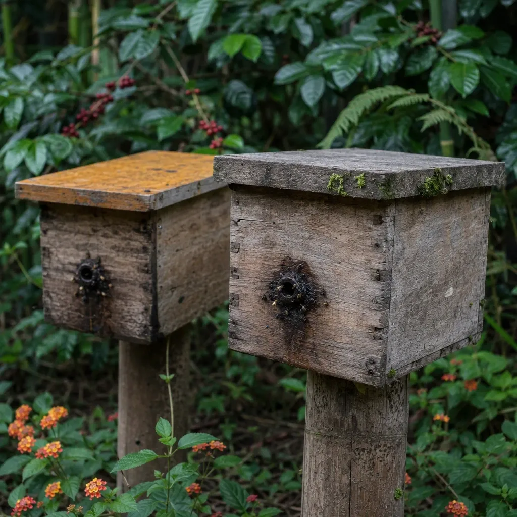 Dos cajas rústicas de meliponario de un solo cuerpo, cada una montada sobre un poste de madera, con tapa plana que sobresale y una única entrada redonda pequeña rodeada de un cañón de cerumen oscuro y abultado; abejas sin aguijón diminutas entran y salen de la boca; alrededor, cafeto con cerezas rojas, lantana naranja y guadua en el sotobosque.