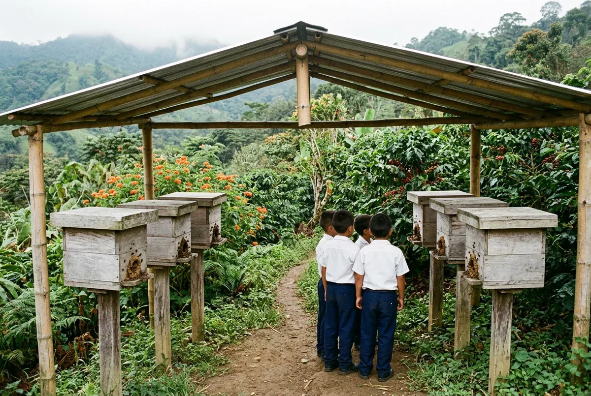 Meliponario escolar en dos grupos de tres cajas, cada una sobre su poste de madera y bajo un techo de guadua y zinc, separados por un camino de tierra; cuatro estudiantes con uniforme blanco y azul las observan de espaldas, entre lantana, helechos arbóreos y cafetos.