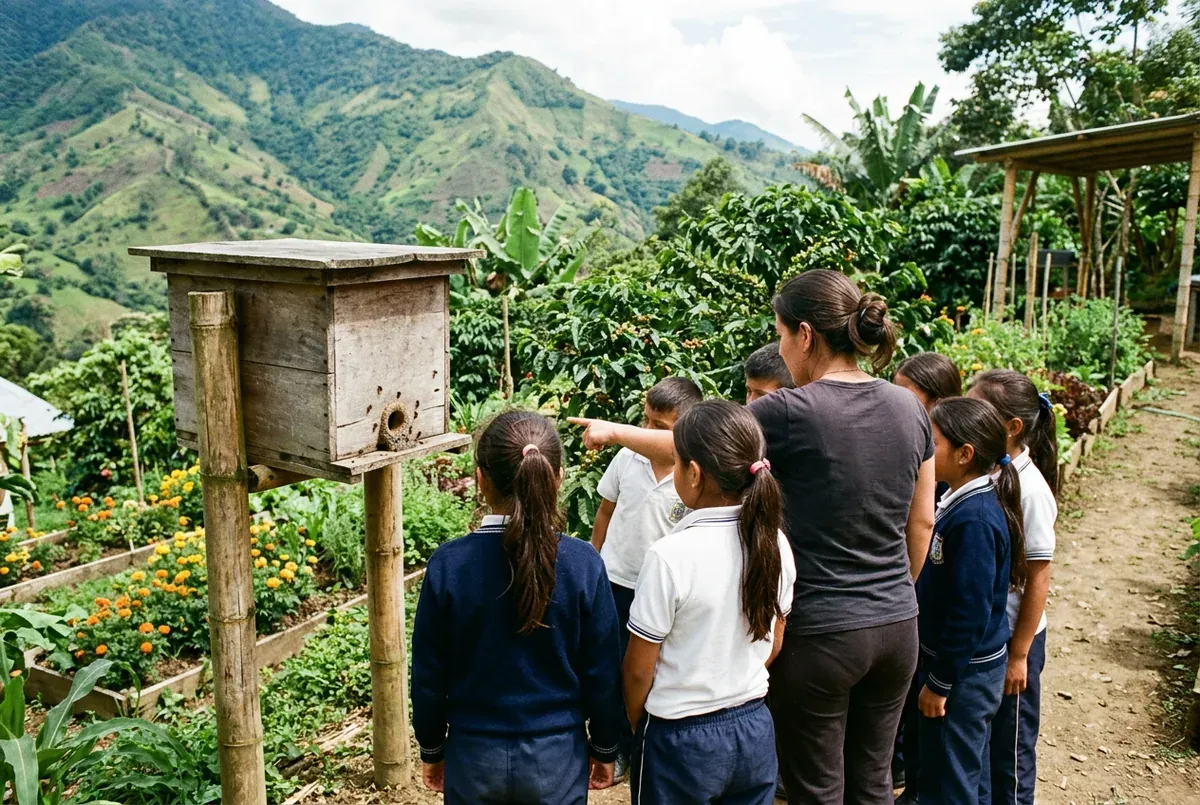 Fotografía de una clase ambiental: seis escolares con uniforme azul y blanco, vistos de espaldas, observan una caja de meliponario de un solo cuerpo montada sobre dos postes de guadua, con su única entrada redonda orlada de cerumen y algunas abejas sin aguijón diminutas alrededor; huertos de flores y ladera andina al fondo.