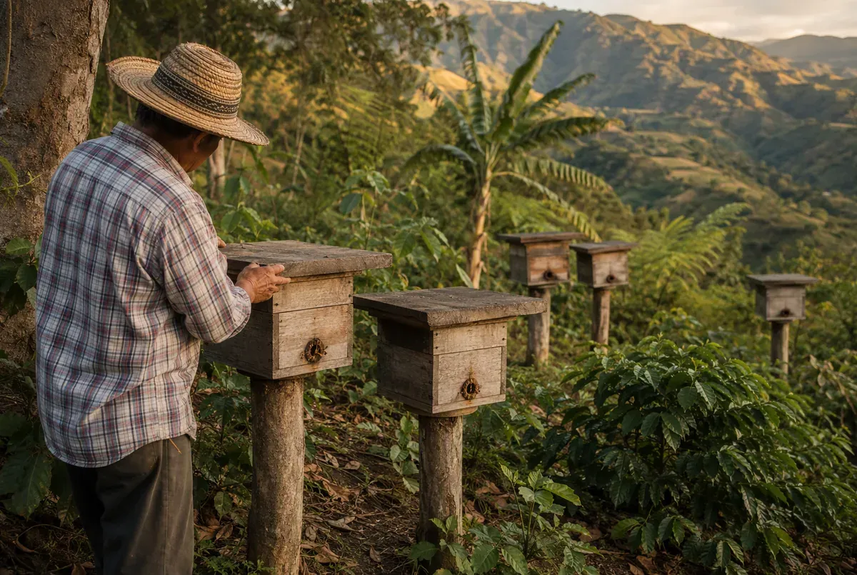 Cinco cajas de meliponas de madera envejecida, repartidas en dos grupos separados por un sendero bajo la sombra de un cafetal en la ladera andina; un campesino con sombrero, visto de espaldas, revisa la caja más cercana, cuya única entrada redonda está rodeada de un collar de cerumen.
