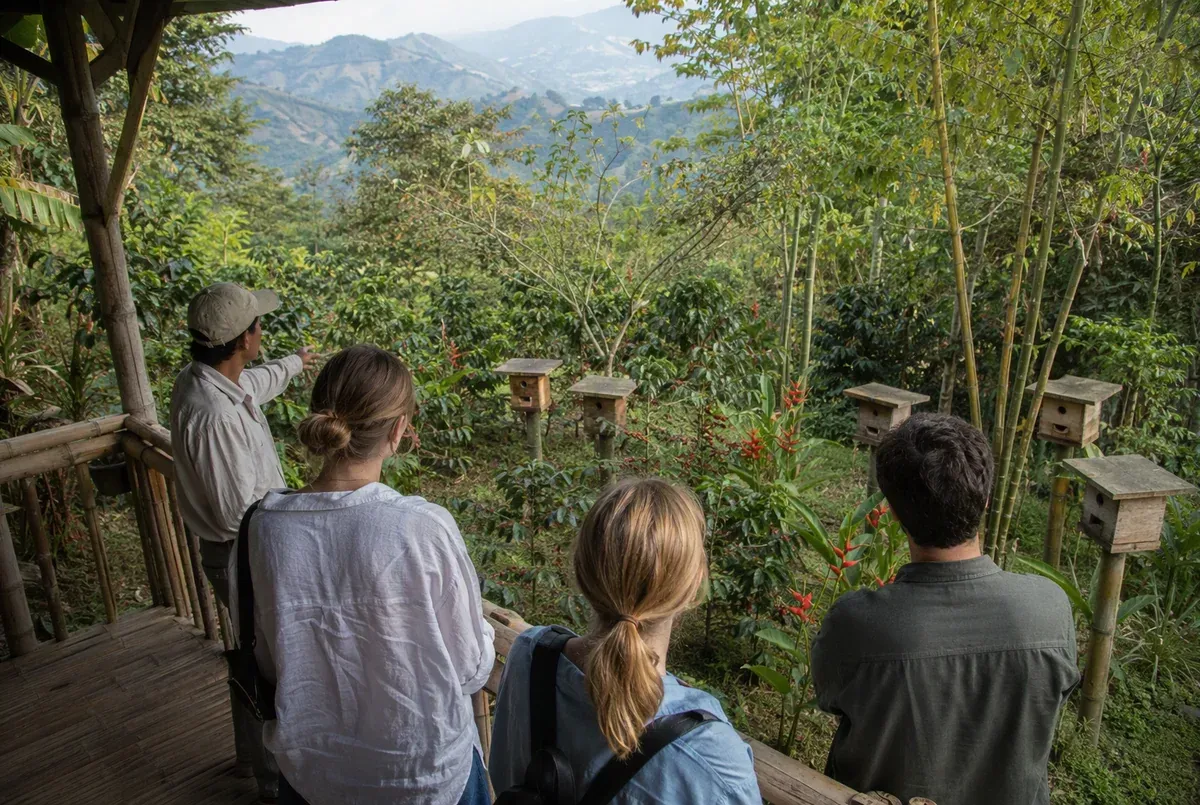 Fotografía tomada por la espalda de un guía y tres visitantes en la terraza de guadua del eco-hotel: el guía señala el jardín y nadie mira a la cámara. Abajo, cinco cajas de meliponario de un solo cuerpo montadas sobre poste y repartidas en dos grupos separados por la vegetación, cada una con su tapa plana que sobresale y su única entrada redonda orlada de cerumen, entre cafetos en cereza, heliconias rojas y guadua, con la loma al fondo.
