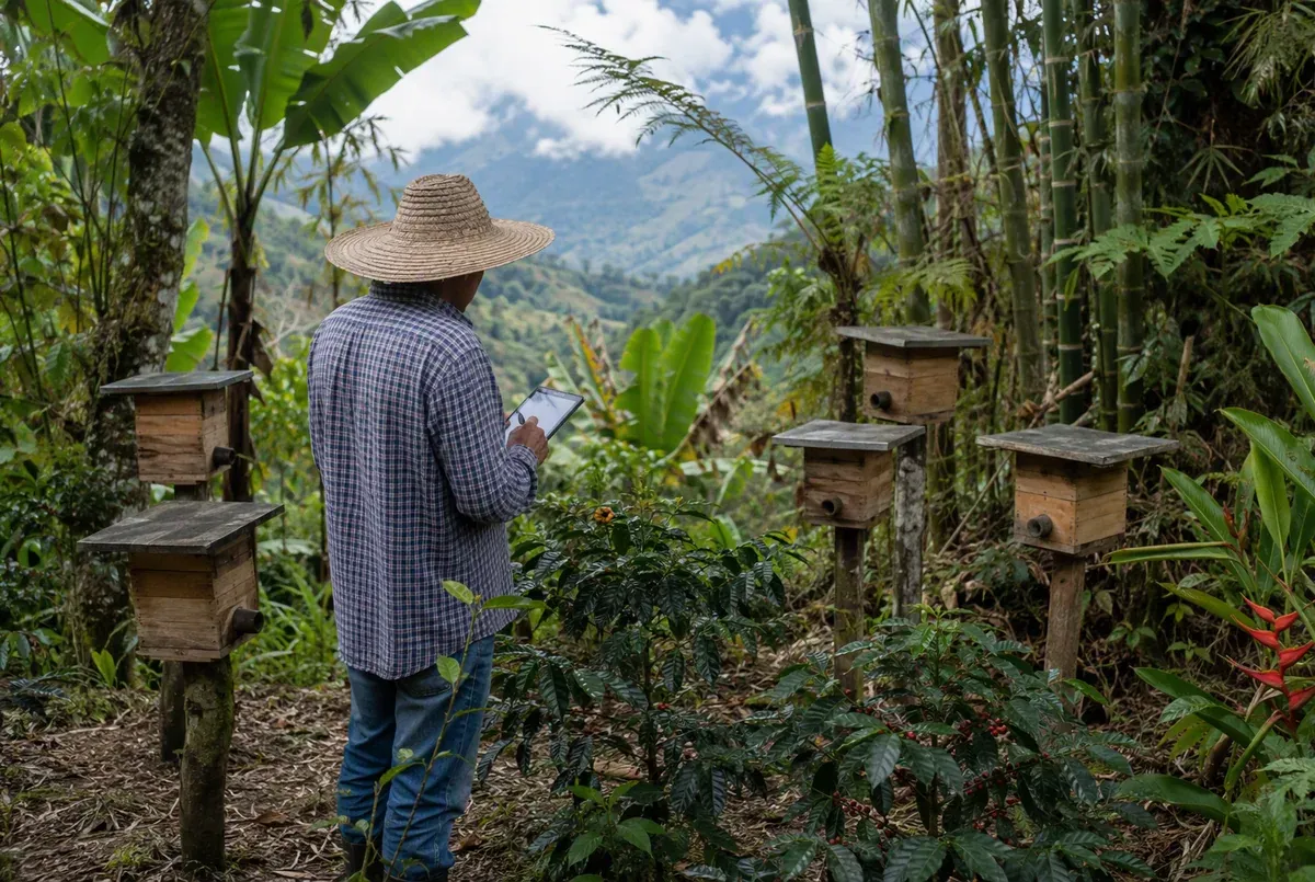 Fotografía tomada por la espalda de un campesino de sombrero de palma y camisa a cuadros que revisa una tableta frente a un meliponario de cinco cajas de un solo cuerpo sobre poste, repartidas en dos grupos separados por la vegetación, cada una con su tapa plana y su única entrada redonda orlada de cerumen; alrededor, banano, helecho arbóreo, guadua y cafetos en cereza, con la ladera andina entre nubes al fondo.