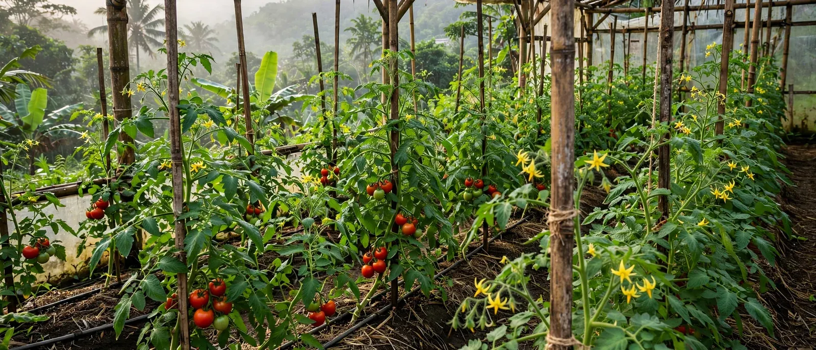 Invernadero o tutoreo de tomate con plantas cargadas de fruto y flores.